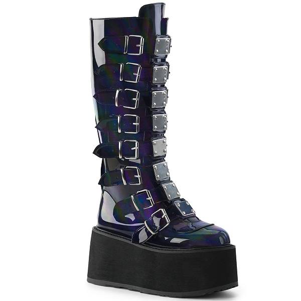 Demonia Women's Damned-318 Knee High Platform Boots - Black Hologram Vegan Leather D0674-28US Clearance